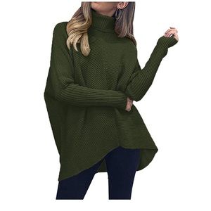 ANRABESS Turtleneck Batwing-Sleeve Asymmetric Hem Sweater, Forest, Size M